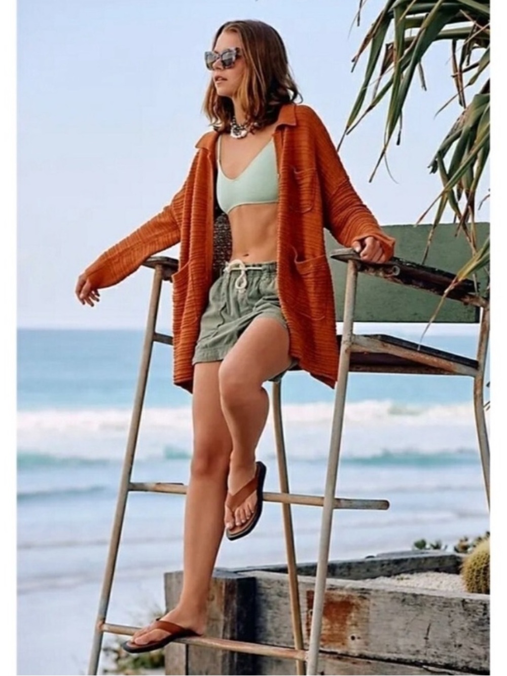 Free People Beach Day Dreaming Button-Up Cardigan Burnt Orange Cotton Knit
